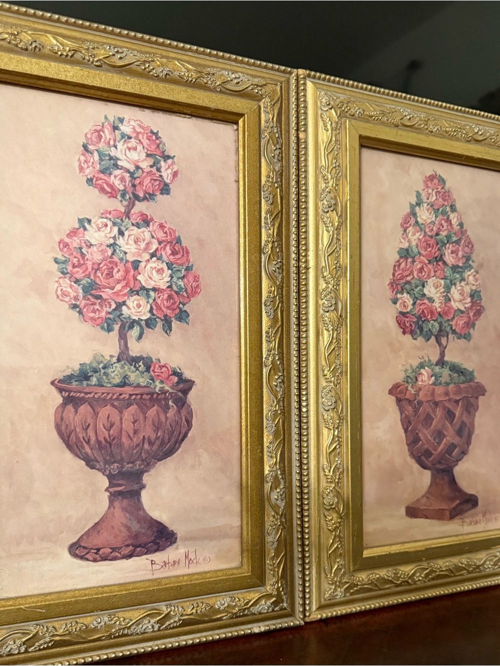 Ornate Gold Framed Pink Floral Topiary Print